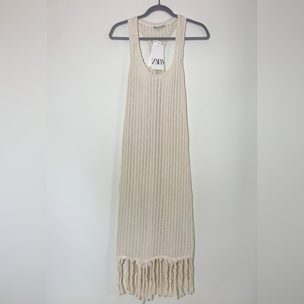 ZARA Fringe Midi Dress / Coverup in Cream